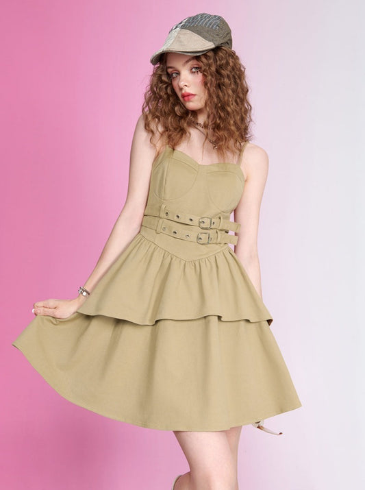 Sleeveless Belted Suspender Skirt