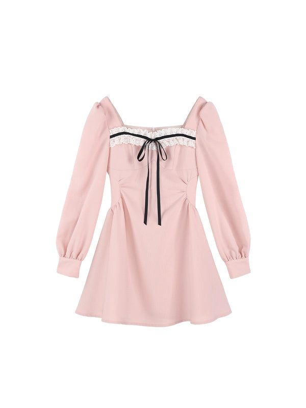 Girly Doll French Pink Square Neck Dress