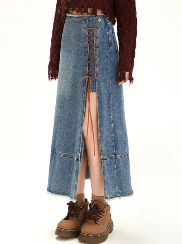 Lace-up Straps Slit Retro High Waist Denim Skirt