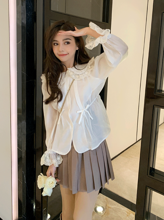 French doll collar lace elegant shirt + skirt