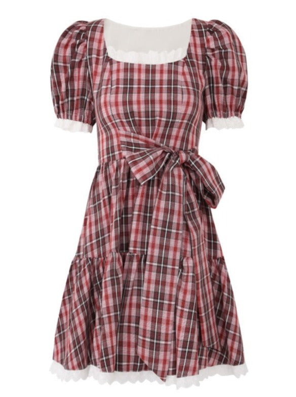 Red Check West Ribon Square Air Color Puff Sleeve One Piece