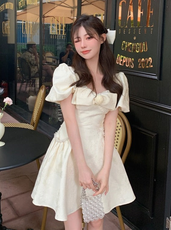 French Rose Puff Sleeve Jacquard Princess Square Dress