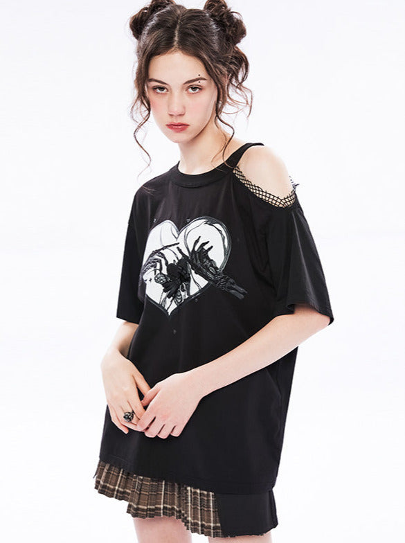 One-off shoulder punk print T-shirt