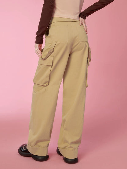 Flap Waist Loose Straight Casual Cargo Pants