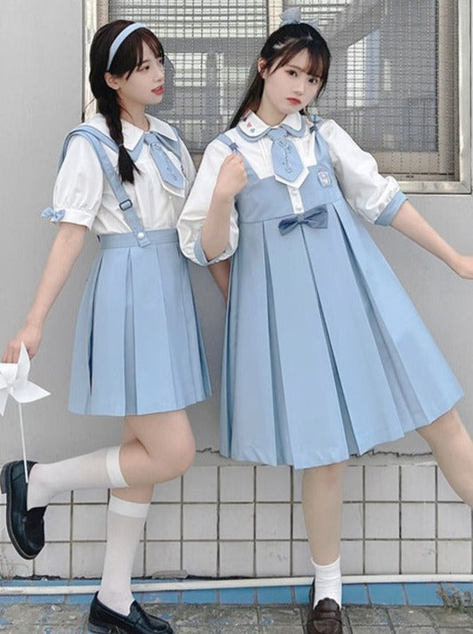 Round collar shirt with tie + shoulder ribbon dress / Pointed sailor collar shirt with tie + sash skirt