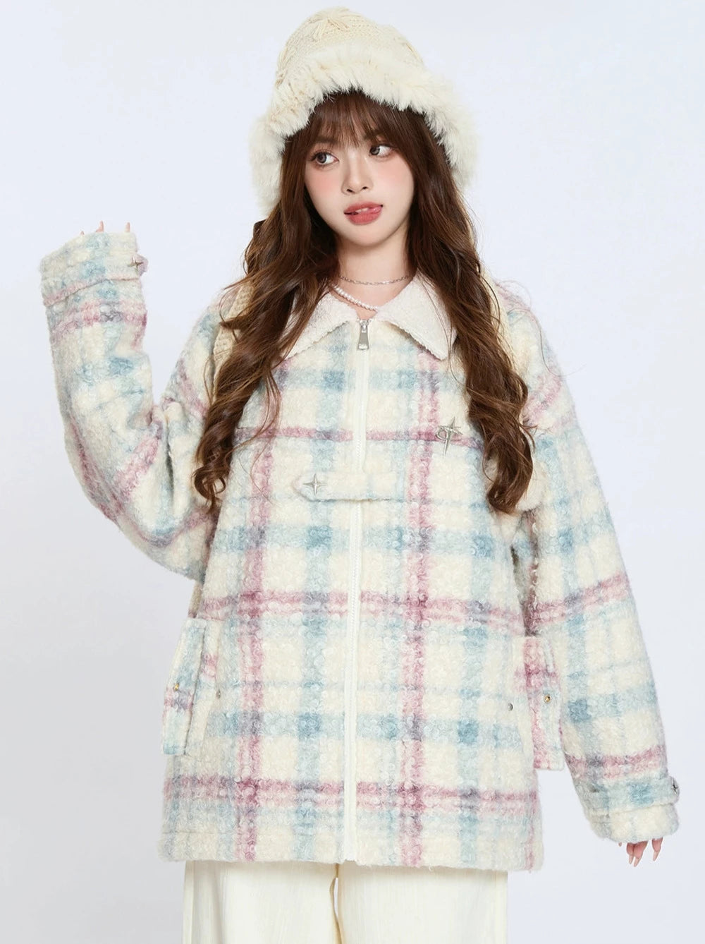 Retro Colorful Check Lapel Lamb Velvet Cotton Coat