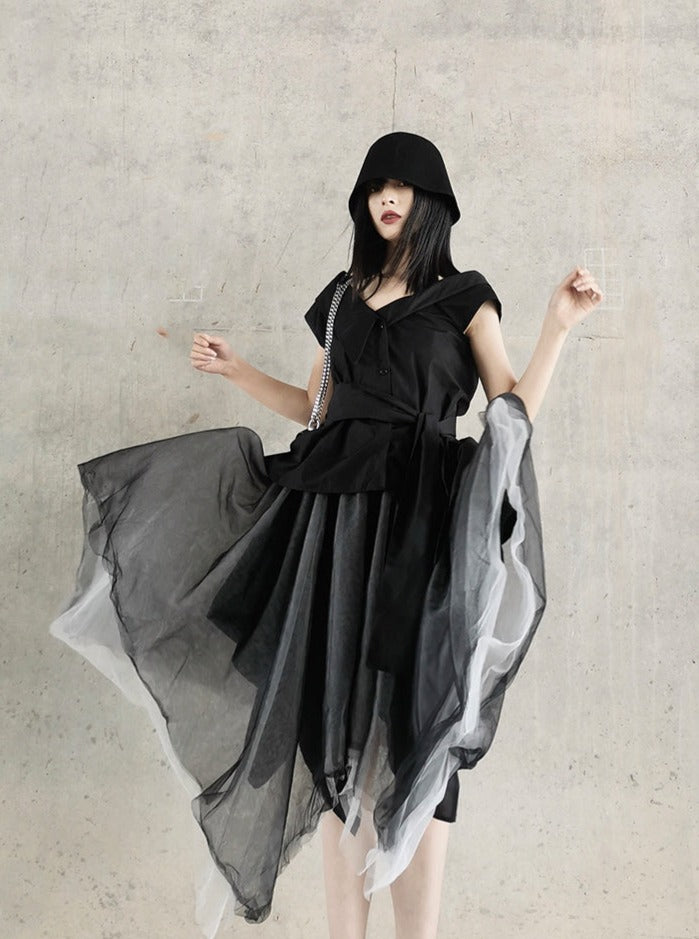 Mode Waist Ribbon Asymmetric Tops Belchic Mode Waist Ribbon Asymmetric Tops Belchic