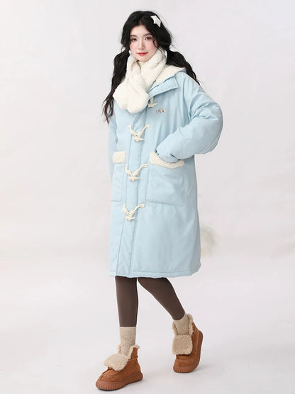 Horn Button Lamb Wool Splicing Hooded Cotton Coat