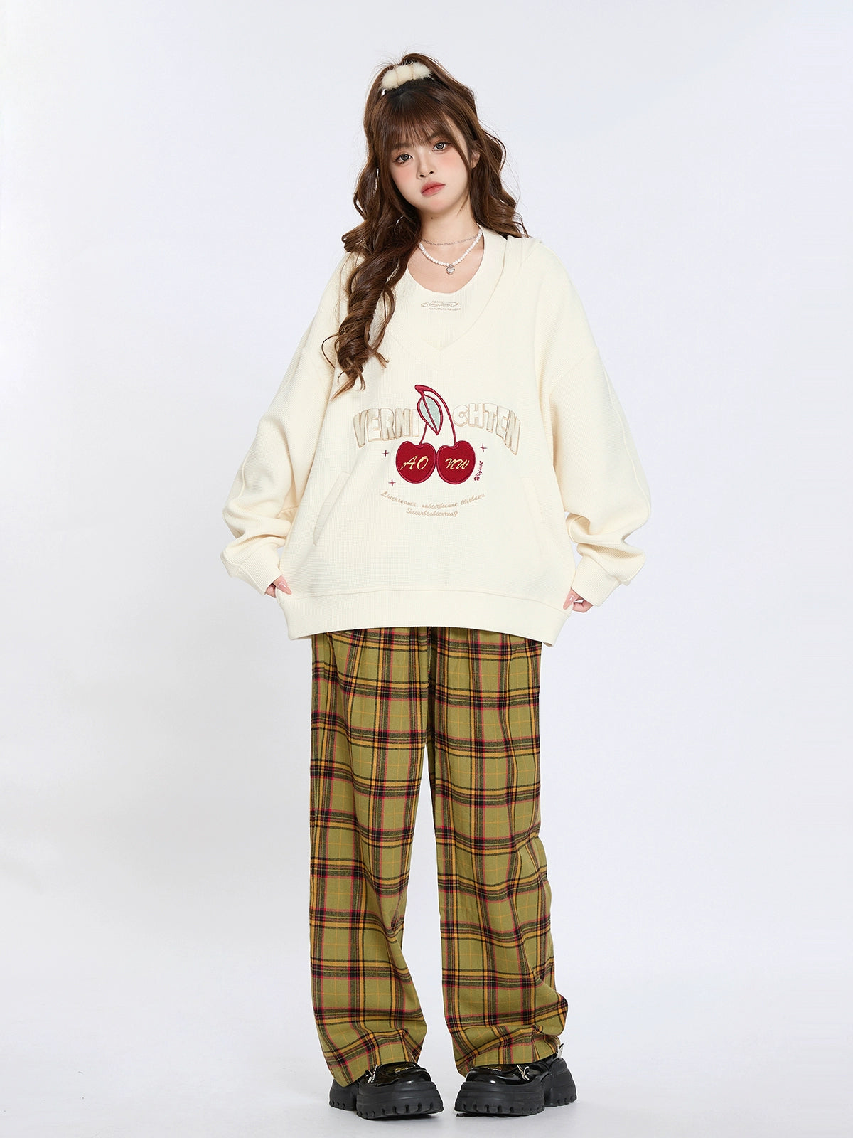 Retro Cherry Embroidery Leaf Hooded Sweatshirt Loose Two Piece