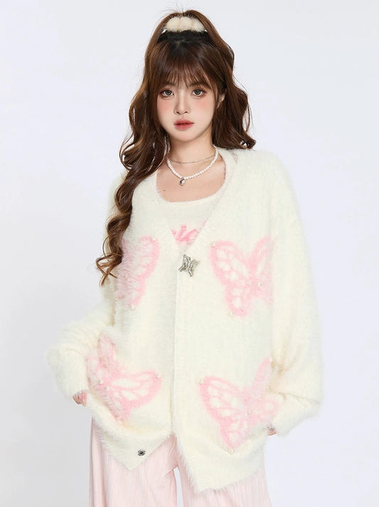 ENJOG Sweet Cool Butterfly V-neck sweater jacket women's autumn and winter new loose and languid soft knitted cardigan