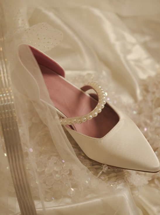 Pearl back mesh ribbon shoes