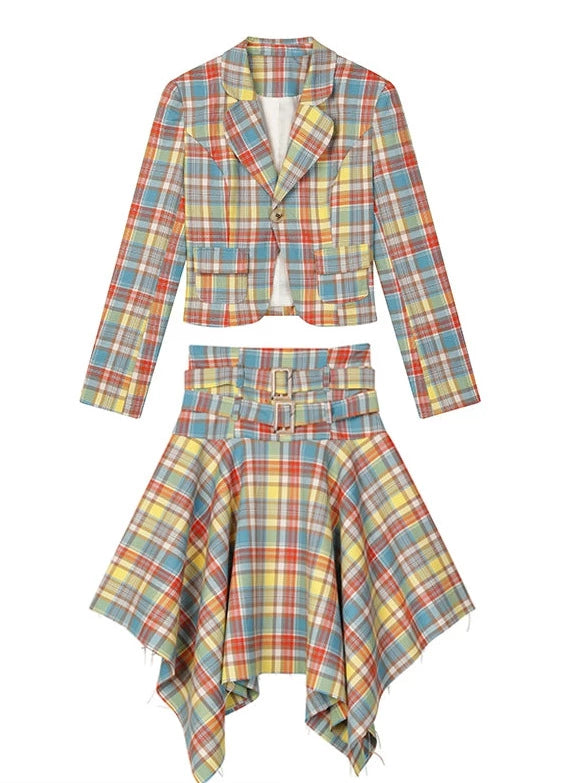 Retro Check Waist One Button Blazer Irregular Skirt Suit