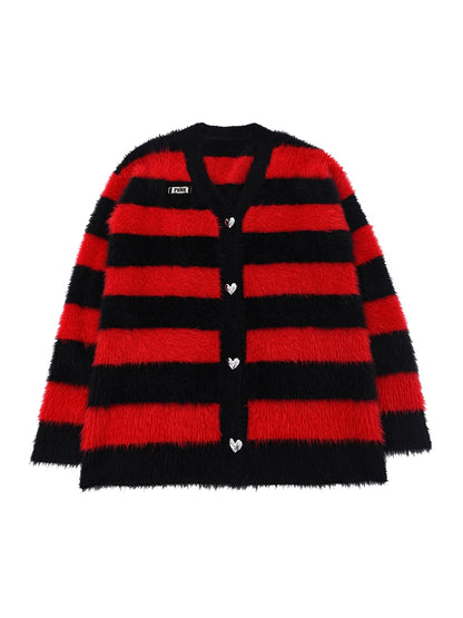 Little Devil Colour Red Black Faux Fur Stripe Punk Knit Cardigan