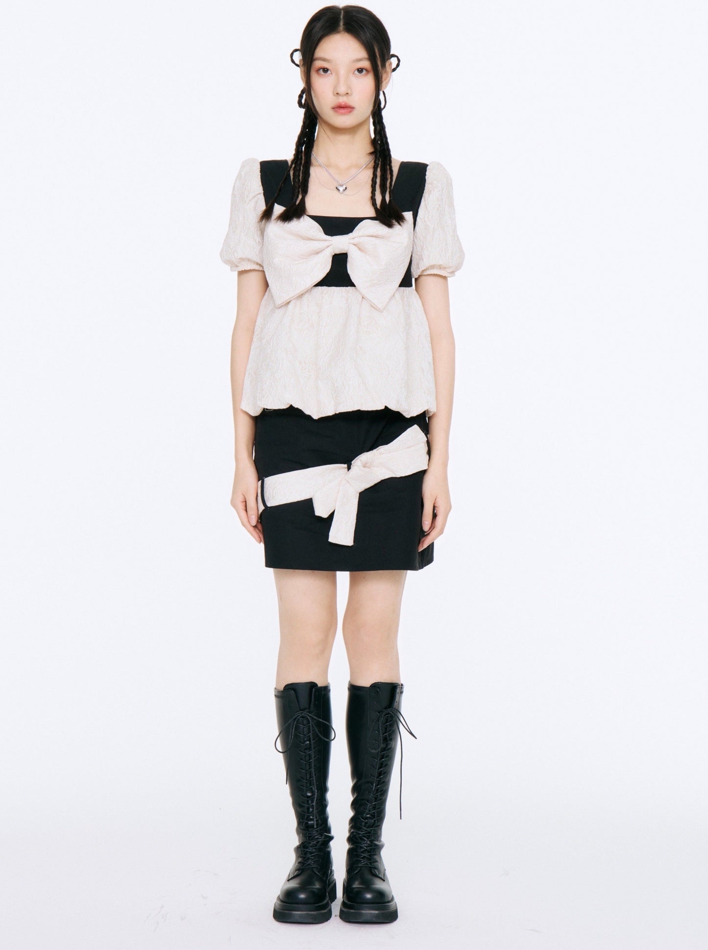 Big Ribon Puff Sleeve Tops + Ribbon Tight Skirt