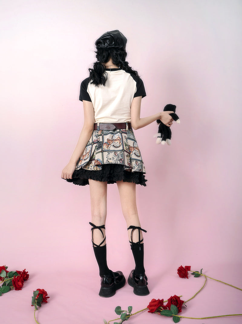 Retro Cat Jacquard frill stitch lace A line skirt