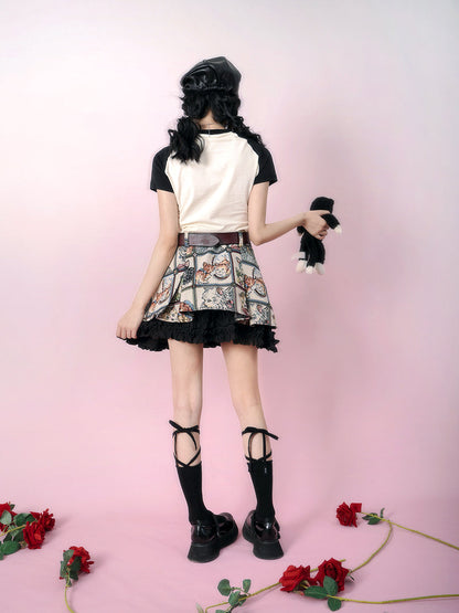 Retro Cat Jacquard frill stitch lace A line skirt