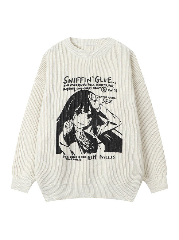 Girl Print Loose Pullover Knit Sweater