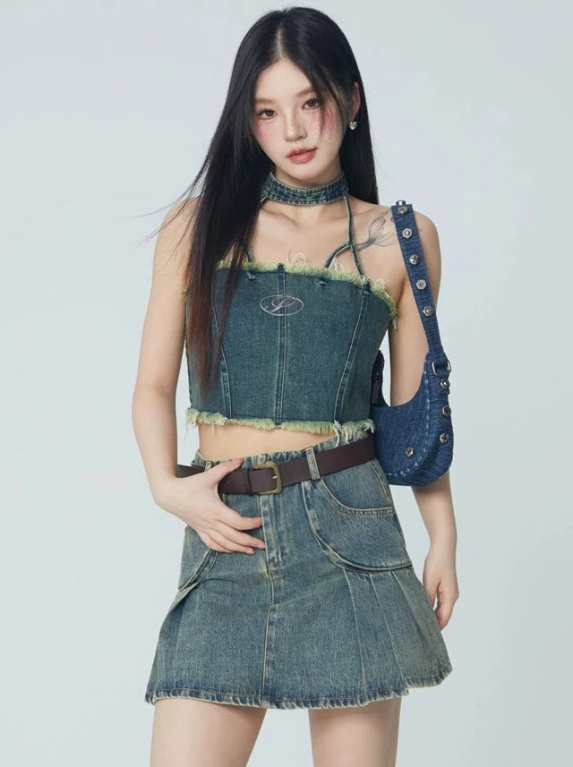 Old Fringe Denim Jacket + Neck Denim Camisole