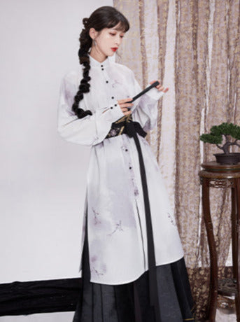 China Stand Collar Slit Long Shirt + Embroidered Jacquard Skirt with Waistband