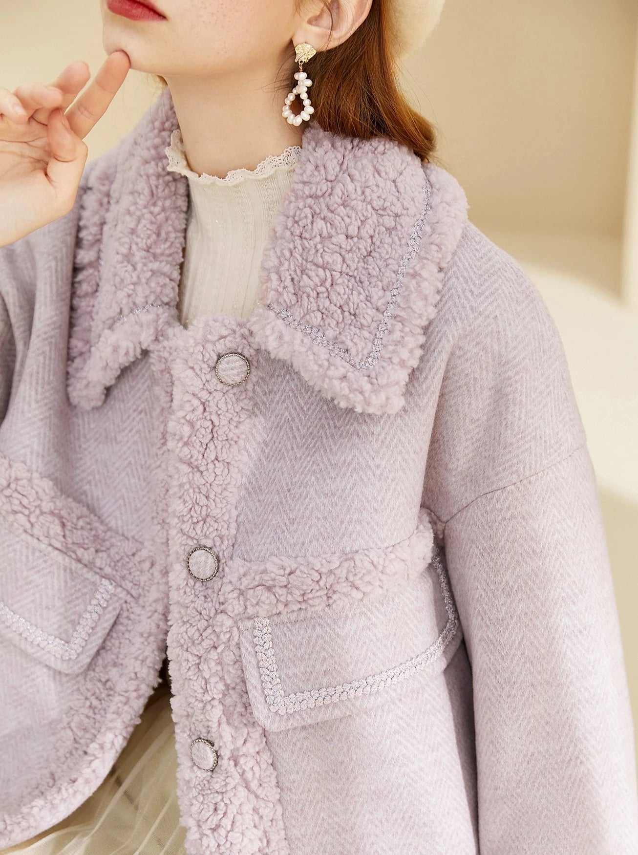 Veste sherpa en tweed et fourrure violette