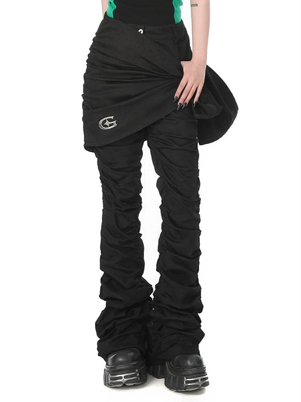 Detachable Apron Fuchsia Pleated Bell Bottom Casual Pants Two Piece Set