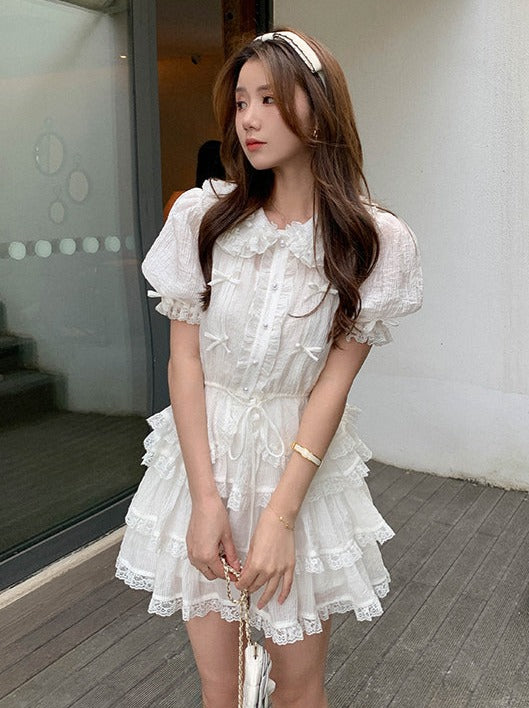 French Doll Color Puff Sleeves Sheer Blouse + Tiard Skirt