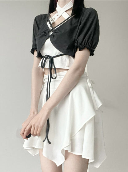 Nocturne Cross Neck Cami &amp; Short Cardigan + Irehem Layered Flare Skirt