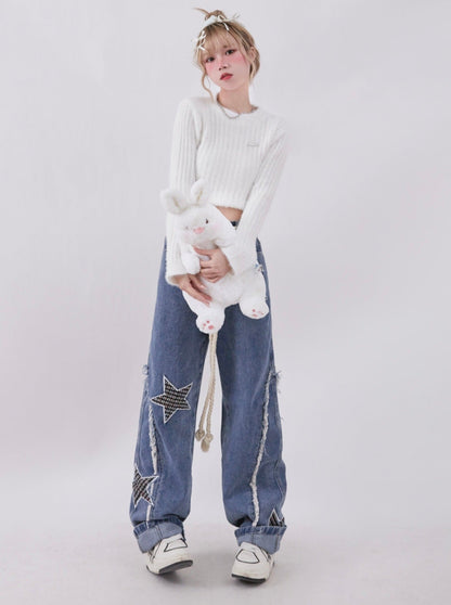 Star Design Wide Leg Straight Denim Pants