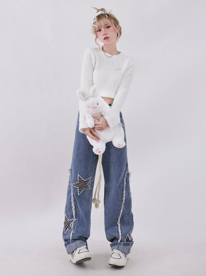 Retro Star Design Wide Leg Straight Denim