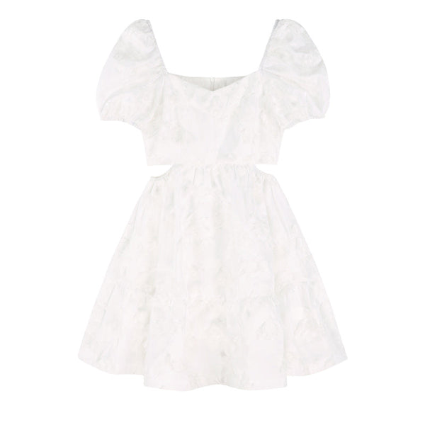 スクエアカラーパフスリーブシックホワイトドレス