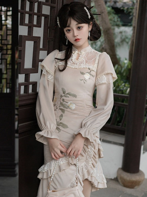 Printed Velvet Layered Mermaid Skirt Cheongsam Dress