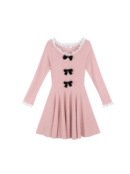 Knit Double Bow Flared Elegant Dress