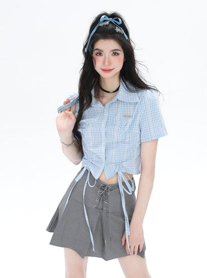 Shirred gingham check slim shirt 