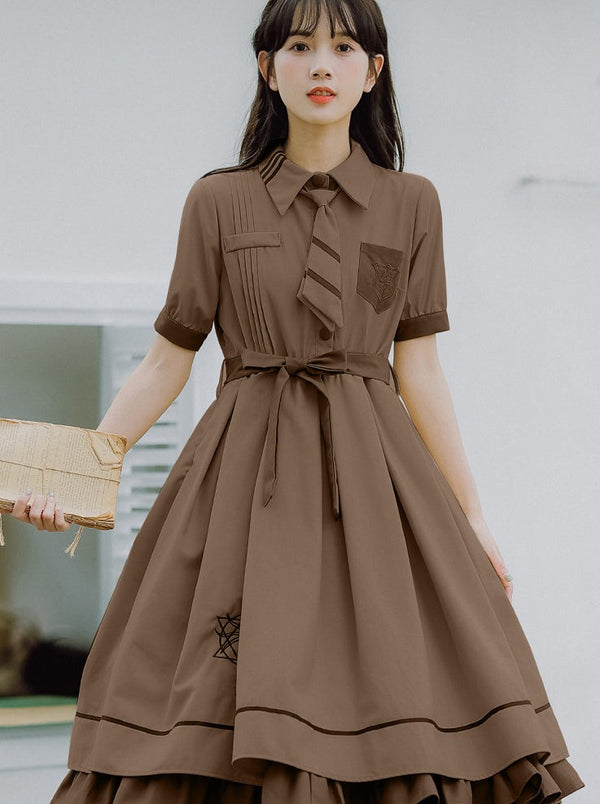 ネクタイ付きエンブレムミリタリーレイヤードワンピース