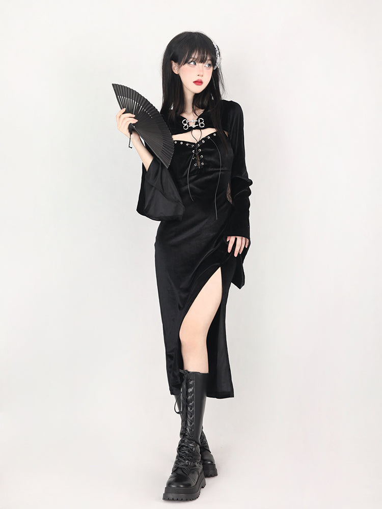 Black Witch Coordination Setup [Bell Sleeve Hoody Jacket + Spider Suspension Dress]