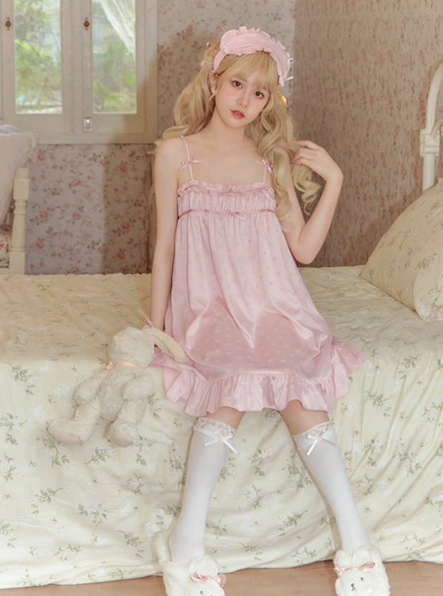 Cute Girly Jacard Imitation Silkrush Suspenders Cart Night Dress