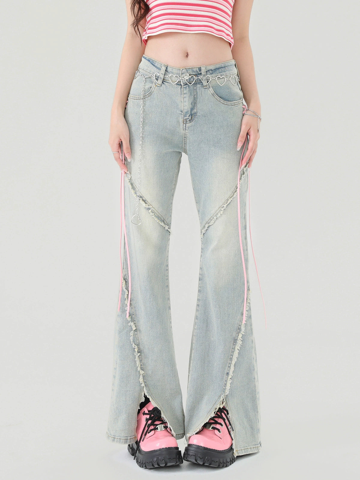 Bootcut High Waist Fringe Slit Flared Denim