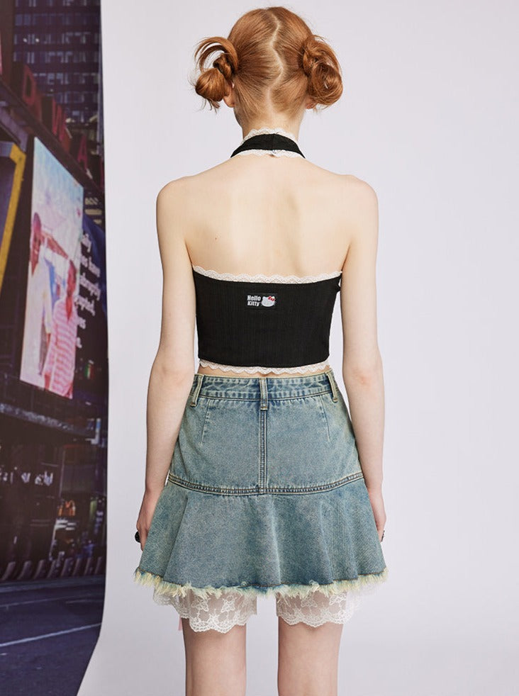 Lace -up design frilly denim skirt