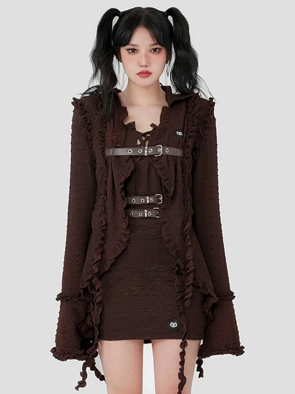 Multi-Lace Design Trumpet Sleeveless Belt Jacket