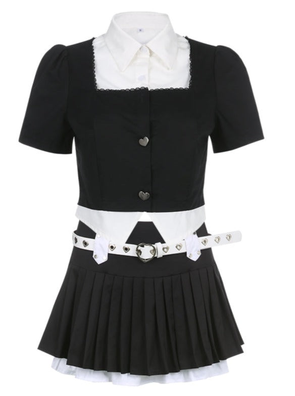 College style heart button tops + pleated skirt