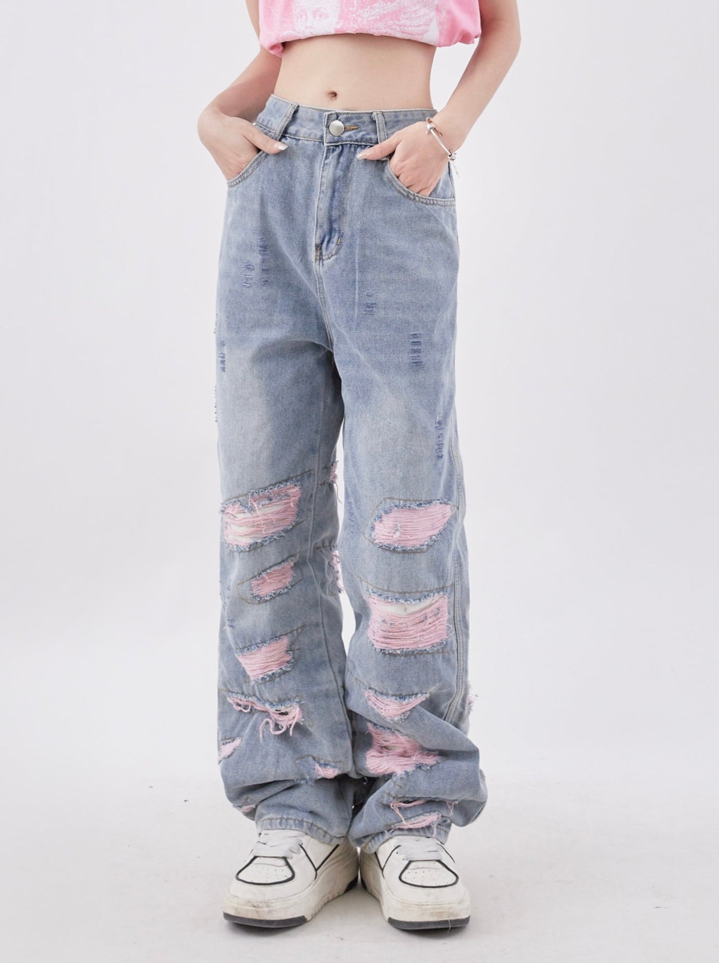 High Street Damage Design Wide Leg Straight Denim