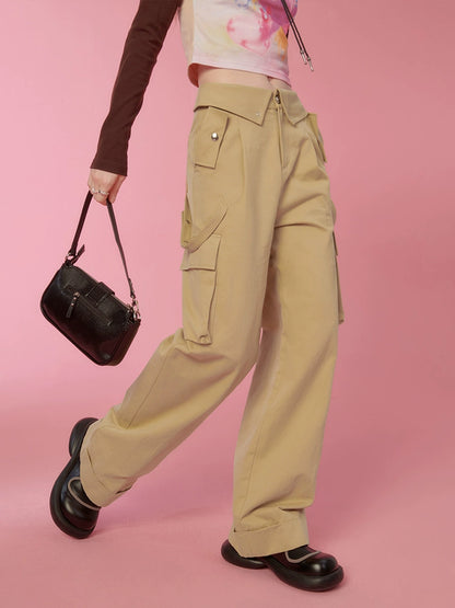 Flap Waist Loose Straight Casual Cargo Pants