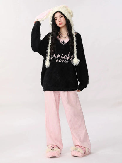 Soft Loose V-Neck Sweet Lazy Style Faux Two Piece Knit Sweater