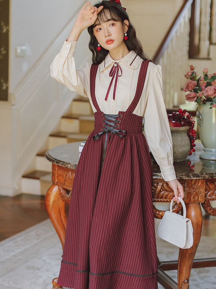 Lace Collar Bow Tie Shirt + Corset Stripe Skirt