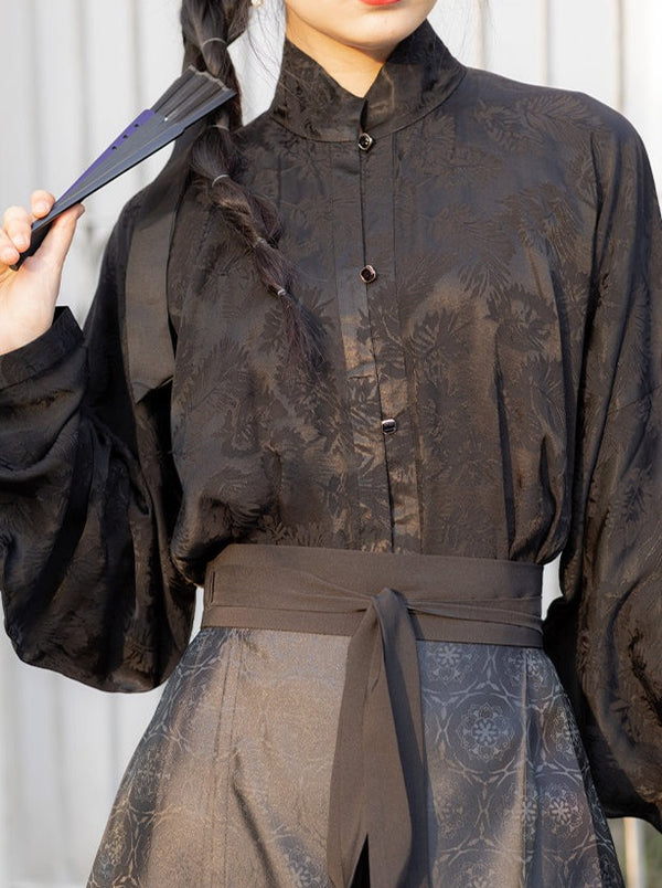 Rayon Jacquard Bow Pocket Sleeve Short Shirt