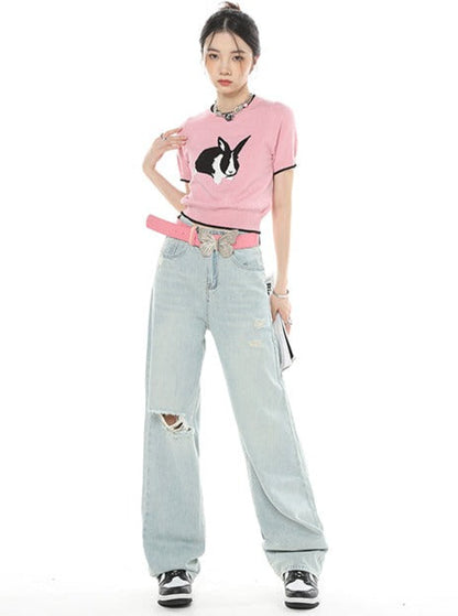 Light collar damage high waist straight pants