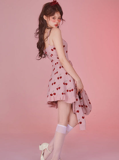 Cherry -skirt pink knit card gun knit suspender dress setup