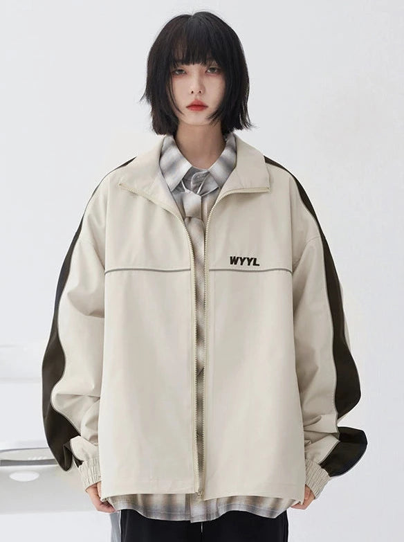 Loose Neutral Style Stitch Contrast Collar Jacket