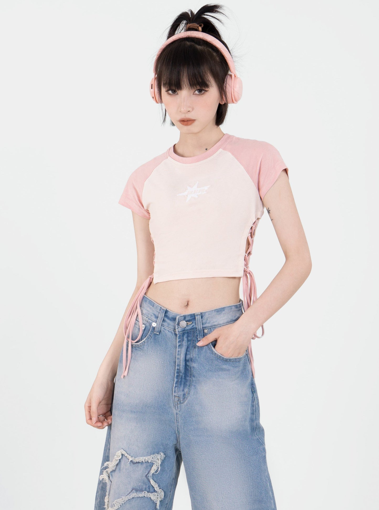 Side Lace Up Suite T -shirt + Street Star Wide Denim