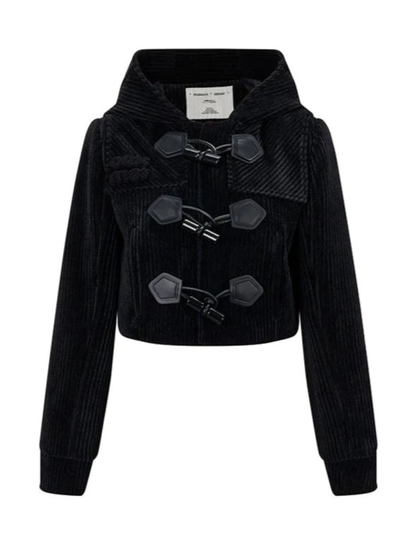 Black Waistline Corduroy Horn Button Short Hooded Jacket